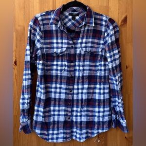 J. Crew Women's Blue Plaid Flannel Long Sleeve Button Up 100% Cotton - Size 2